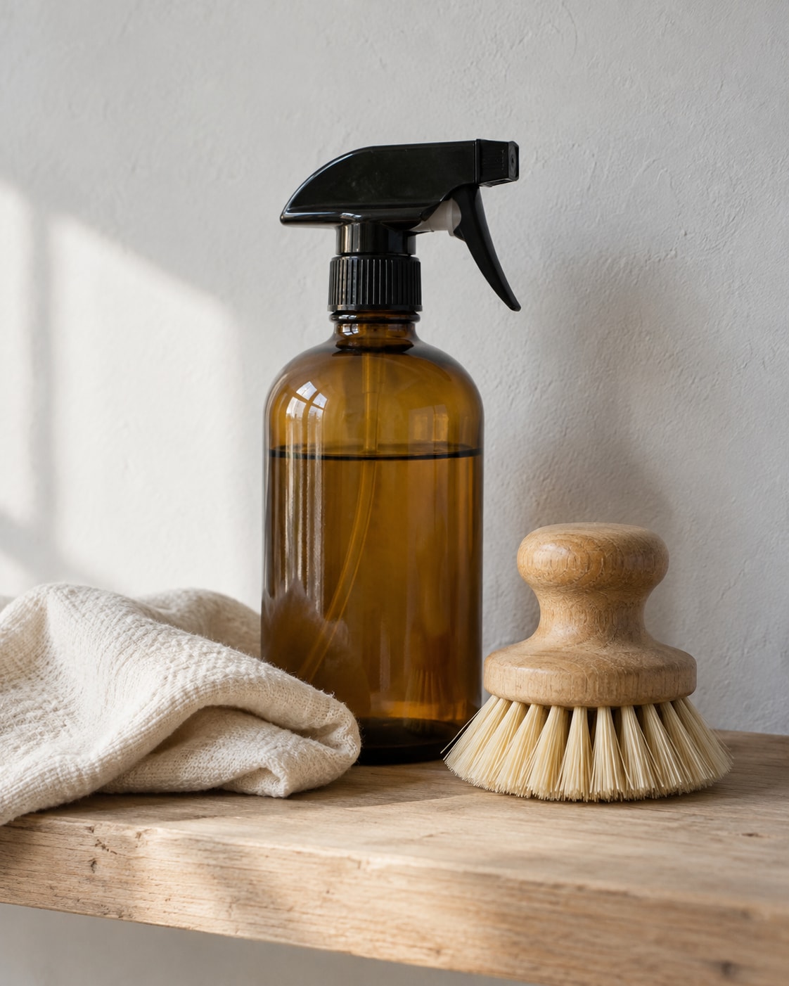 Amber glass spray bottle and wooden scrub brush