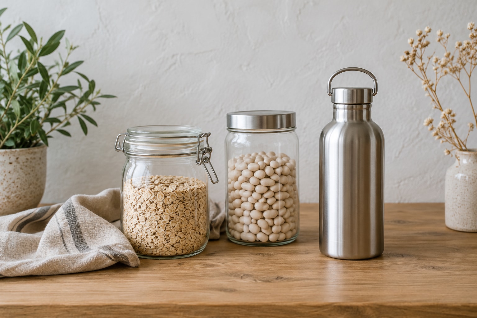 Pantry Glass Jars and Stainless Bottle