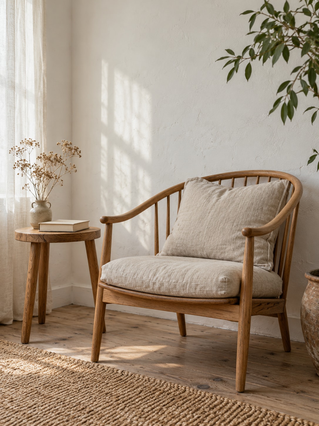 Sunlit reading corner with armchair
