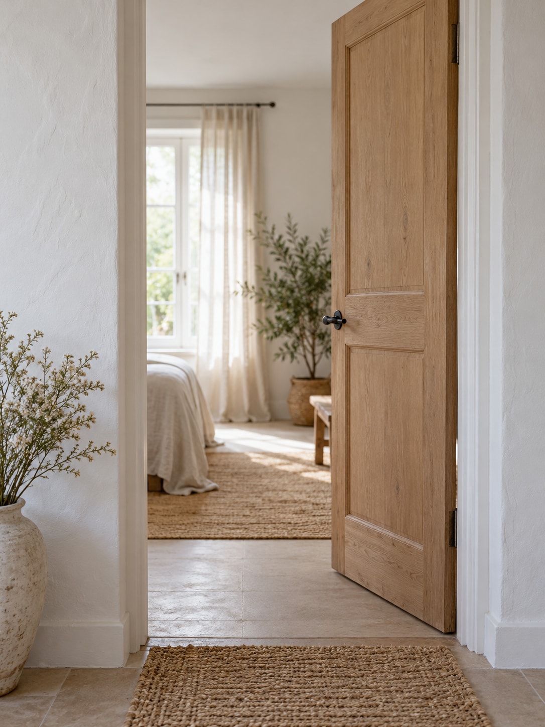 Open wooden door into bright room